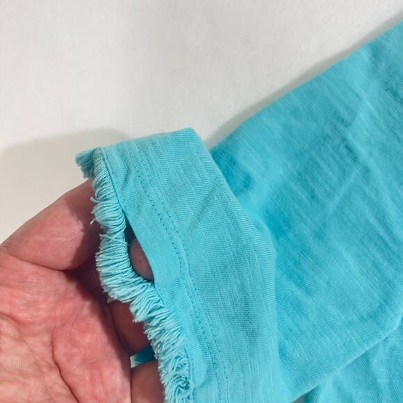 Chico's T- Shirt Woman's Size 0 (S/4) Fringed Short Sleeve Cuffs Teal/ Greenish - Picture 4 of 10